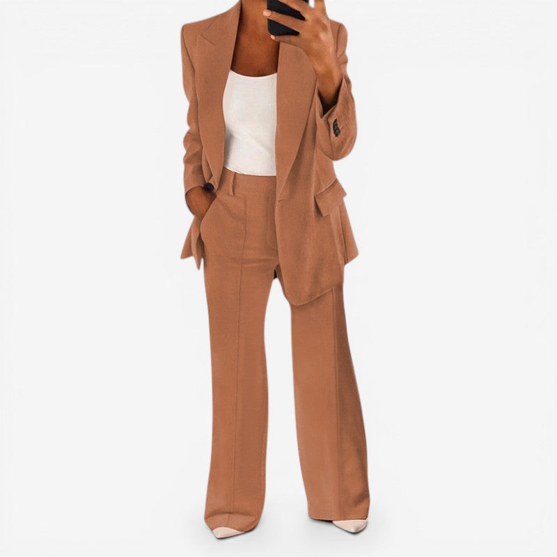 Women Blazer & Tailored Trousers Set One Button Closure