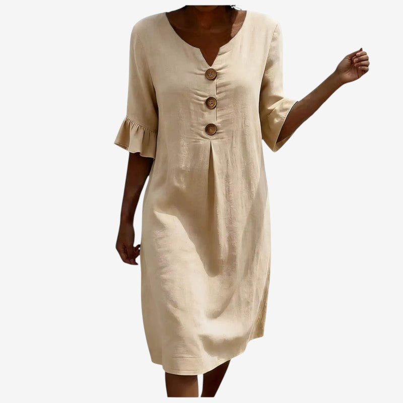 Stylish Women's V Neck Midi Dress with Button Front