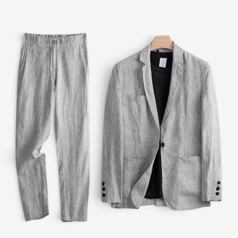 Men's Linen Blazer and Wide Leg Pants Ensemble