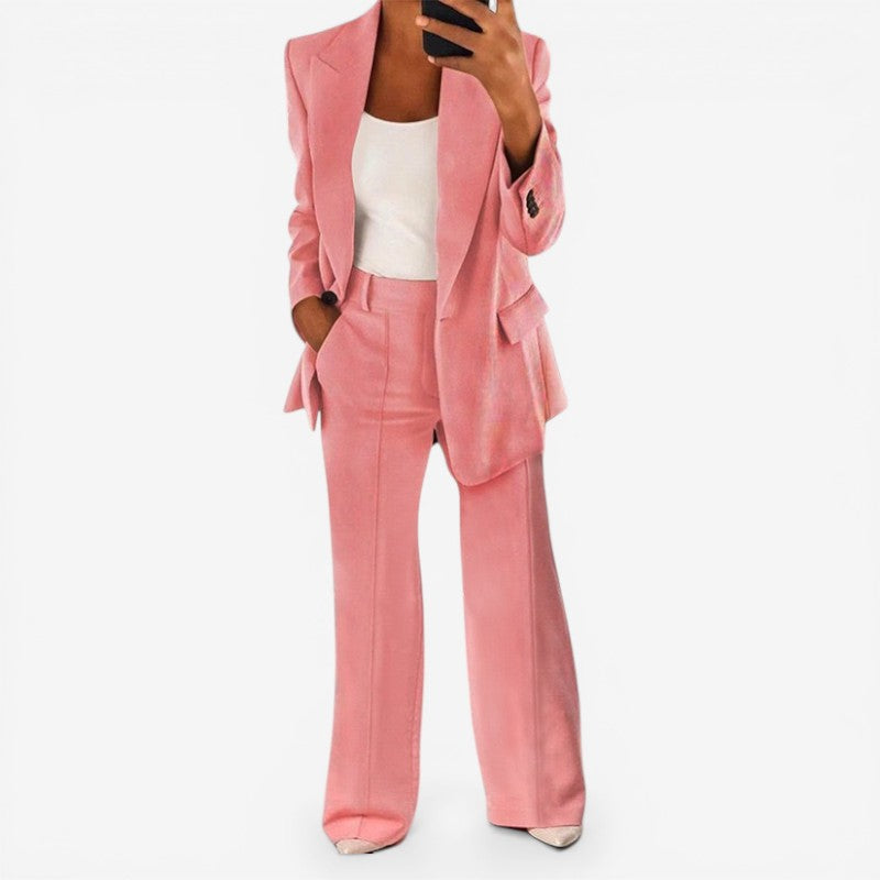 Women Blazer & Tailored Trousers Set One Button Closure
