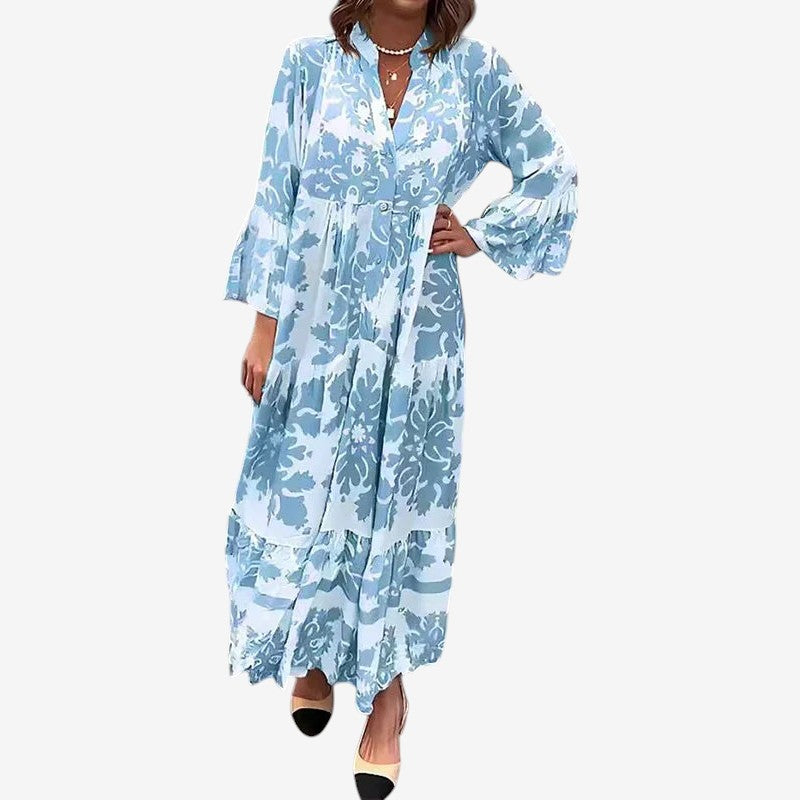 Women's Printed Midi Dress with V Neck and Long Sleeves