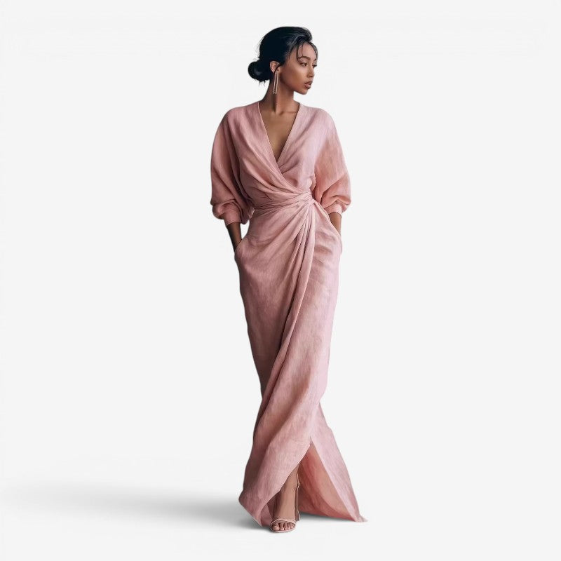 Elegant Women's V Neck Maxi Dress with Wrap Waist