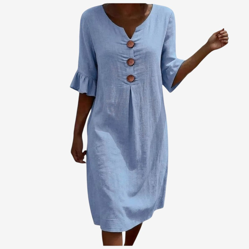 Stylish Women's V Neck Midi Dress with Button Front