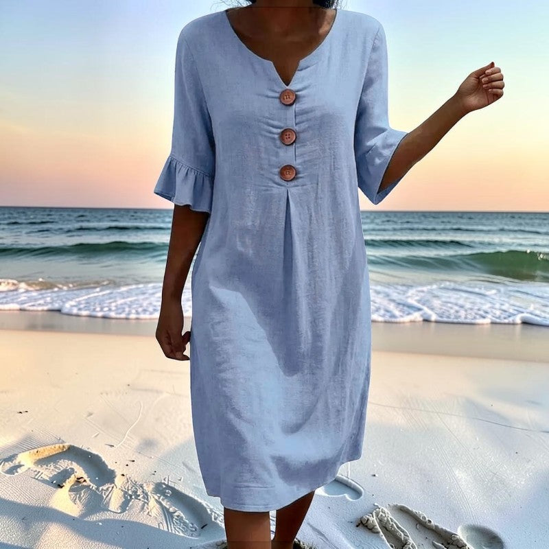 Stylish Women's V Neck Midi Dress with Button Front