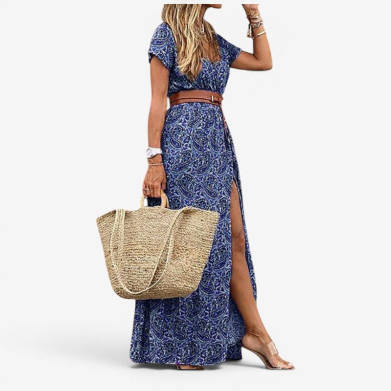 Women's Floral Print Maxi Dress with Belt Waist