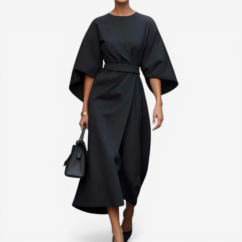 Women Belted Midi Dress with Lantern Sleeves