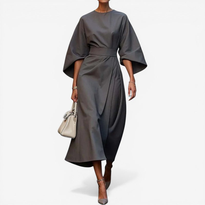Women Belted Midi Dress with Lantern Sleeves