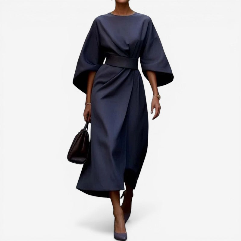 Women Belted Midi Dress with Lantern Sleeves