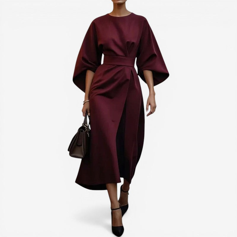 Women Belted Midi Dress with Lantern Sleeves