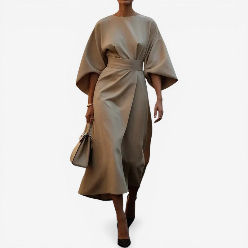 Women Belted Midi Dress with Lantern Sleeves