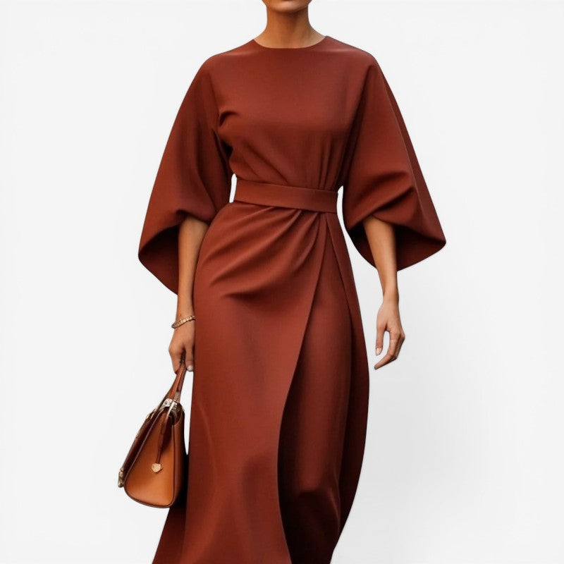 Women Belted Midi Dress with Lantern Sleeves