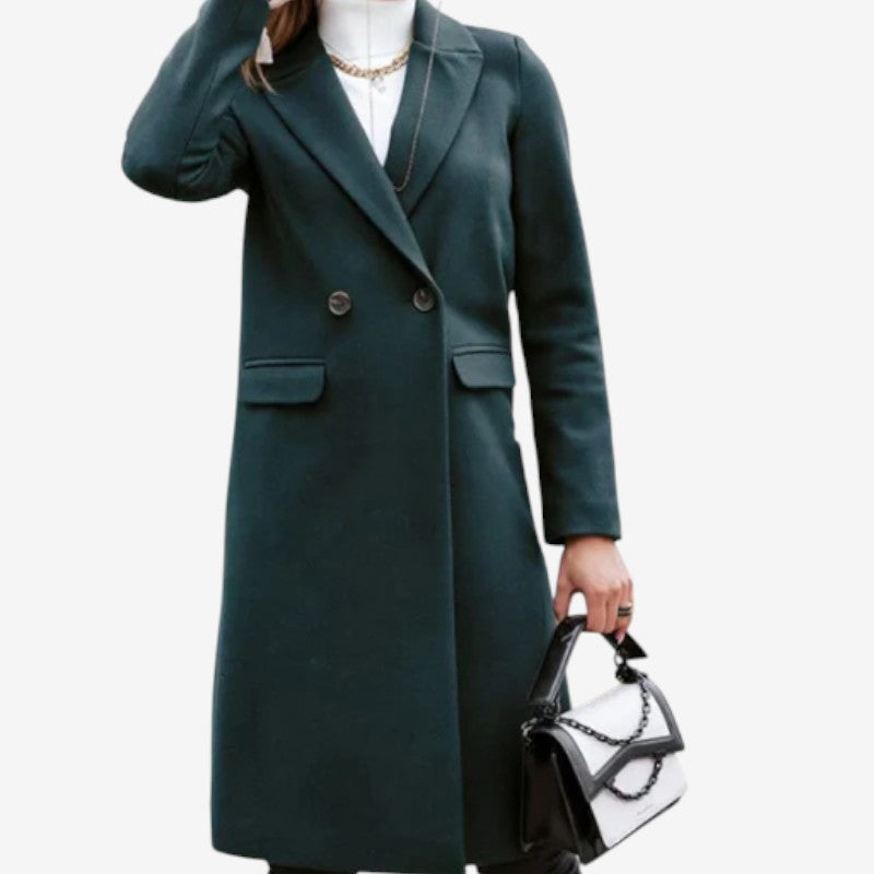 Rebecca – Lange jas met reverskraagknoopmouwen en zakken Velani