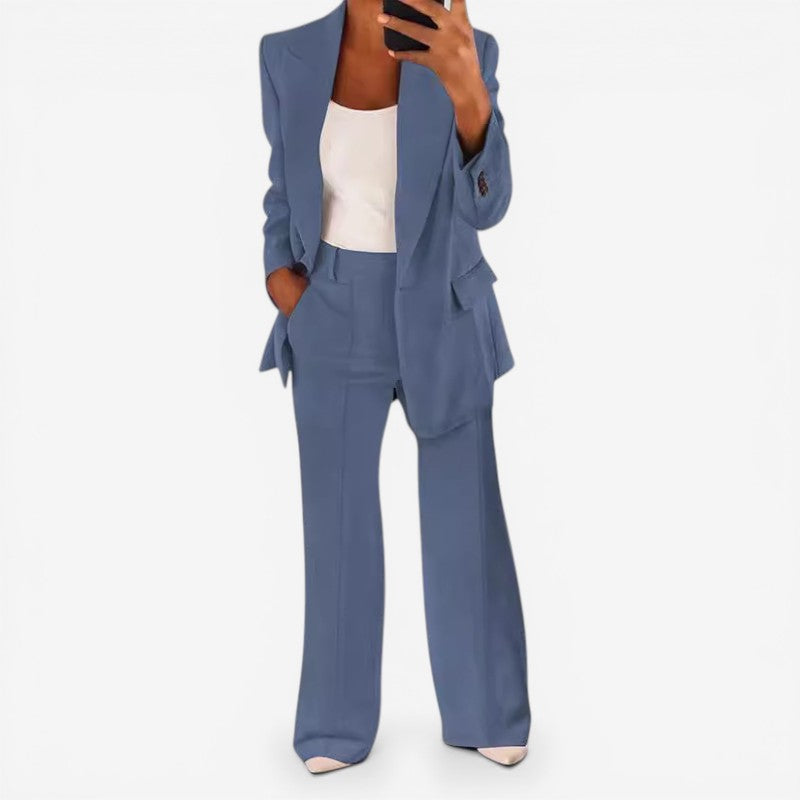 Women Blazer & Tailored Trousers Set One Button Closure