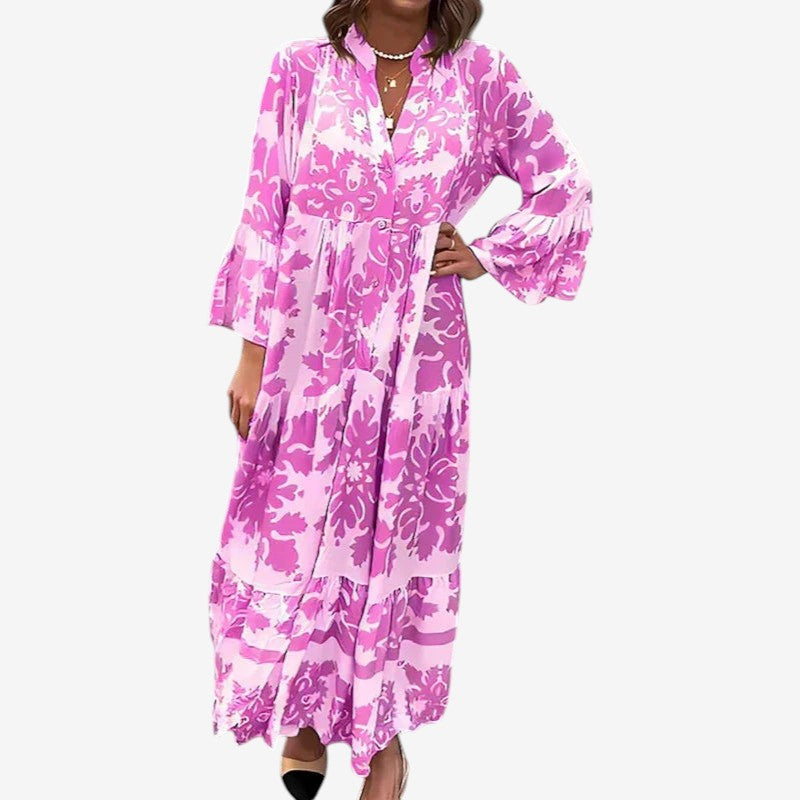 Women's Printed Midi Dress with V Neck and Long Sleeves