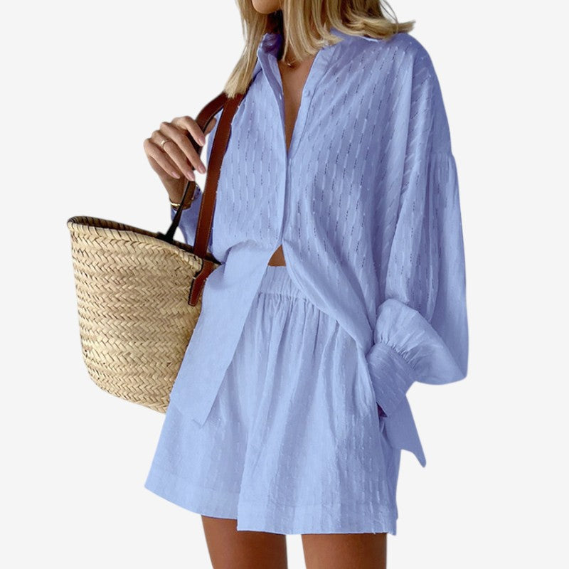 Chic Puff Sleeve Shirt & Shorts Set for Women
