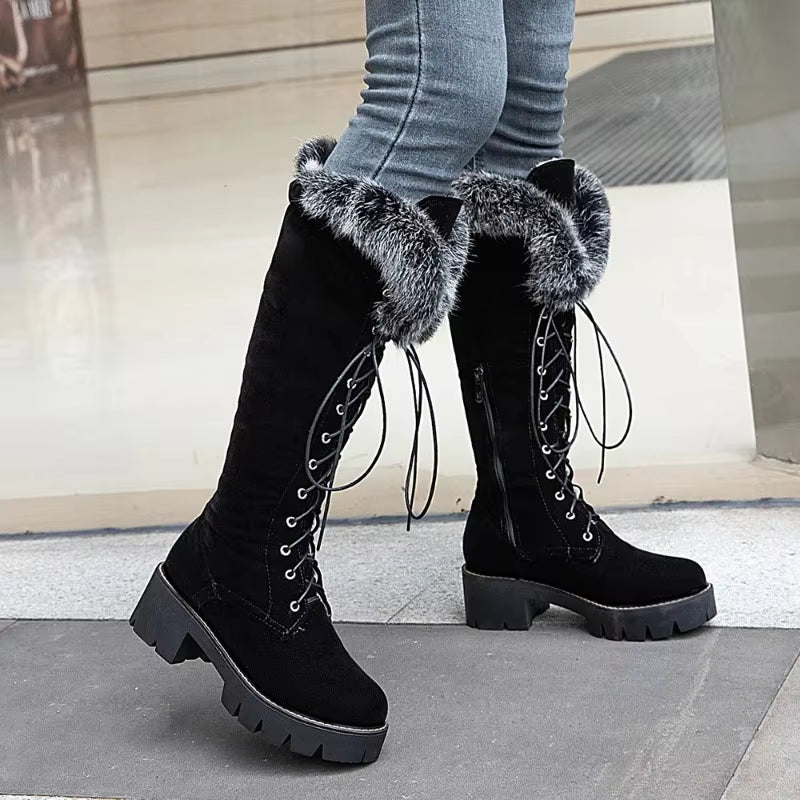 Furlace - Lace-Up High Boots with Foldable Fur Collar