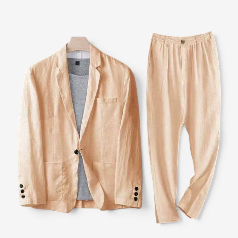 Men's Linen Blazer and Wide Leg Pants Ensemble