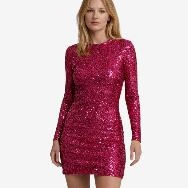 Women's Round Neck Mini Dress With Long Sleeve