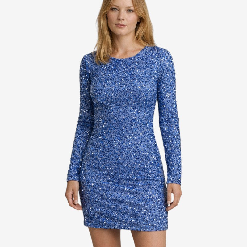 Women's Round Neck Mini Dress With Long Sleeve