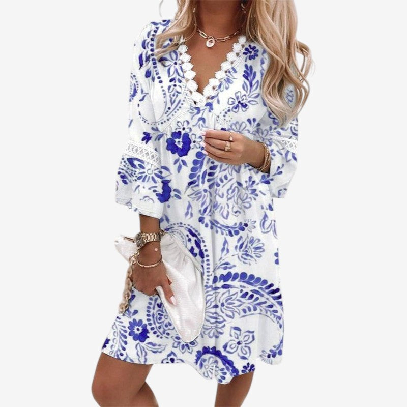Women's Floral Print Mini Dress with V Neck