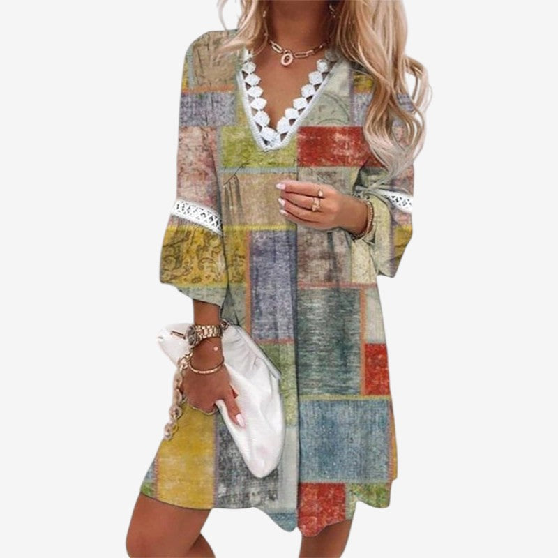 Women's Floral Print Mini Dress with V Neck
