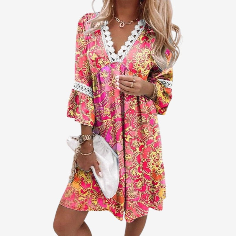 Women's Floral Print Mini Dress with V Neck