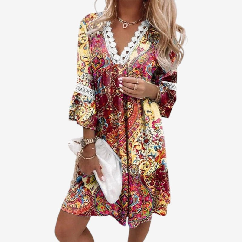 Women's Floral Print Mini Dress with V Neck