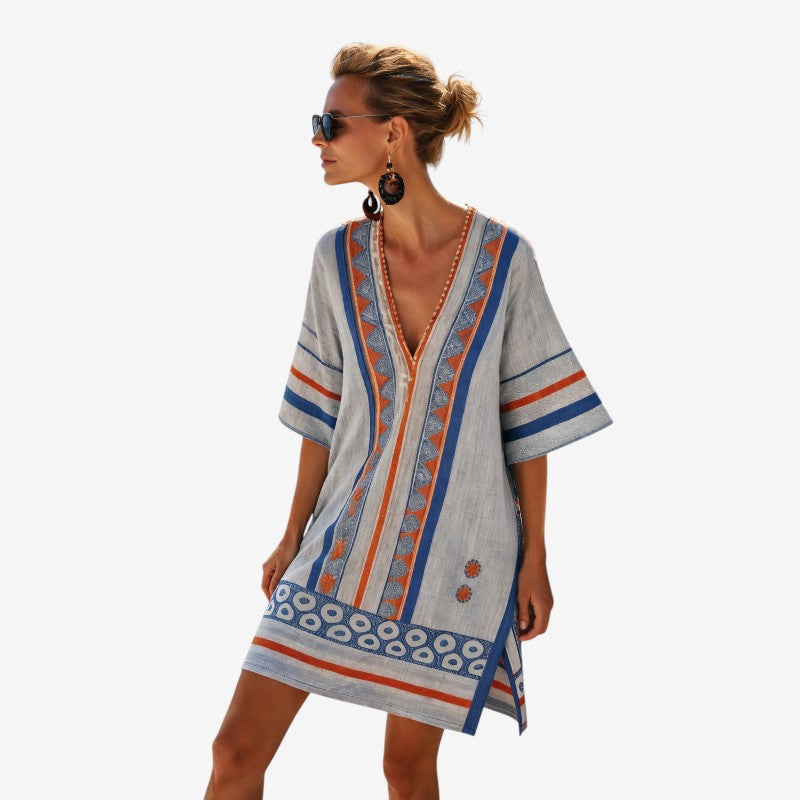 Chic Bohemian Midi Dress with Short Sleeves