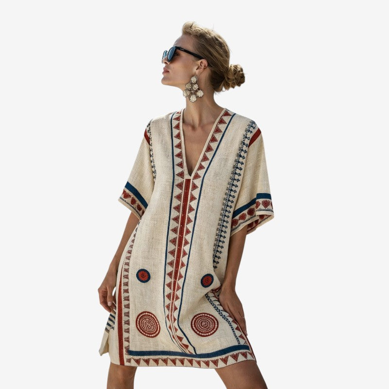 Chic Bohemian Midi Dress with Short Sleeves