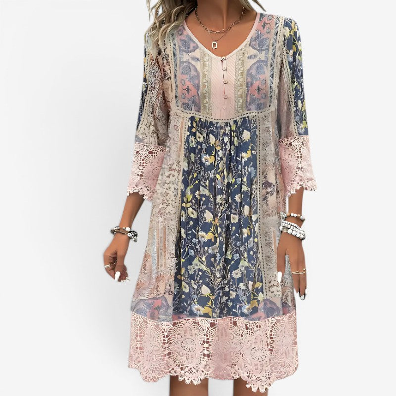 Women's Printed V Neck Midi Dress with Long Sleeves