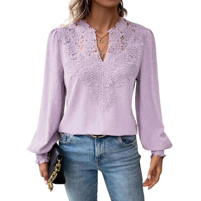Svenja – Blouse met Lange Mouwen, V-Hals en Kantdetails Velani