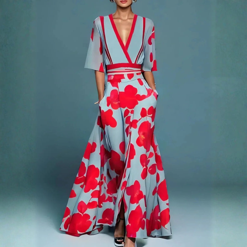 Women’s Bold Floral Maxi Dress Short Sleeve