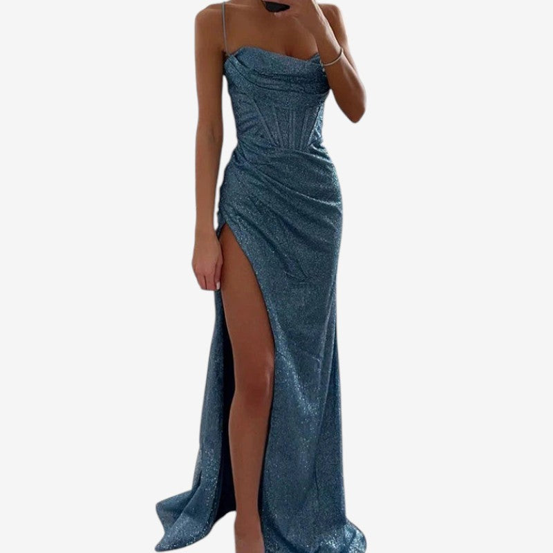 Kathy – Lange mouwloze jurk met pailletten en hoge splitten Velani