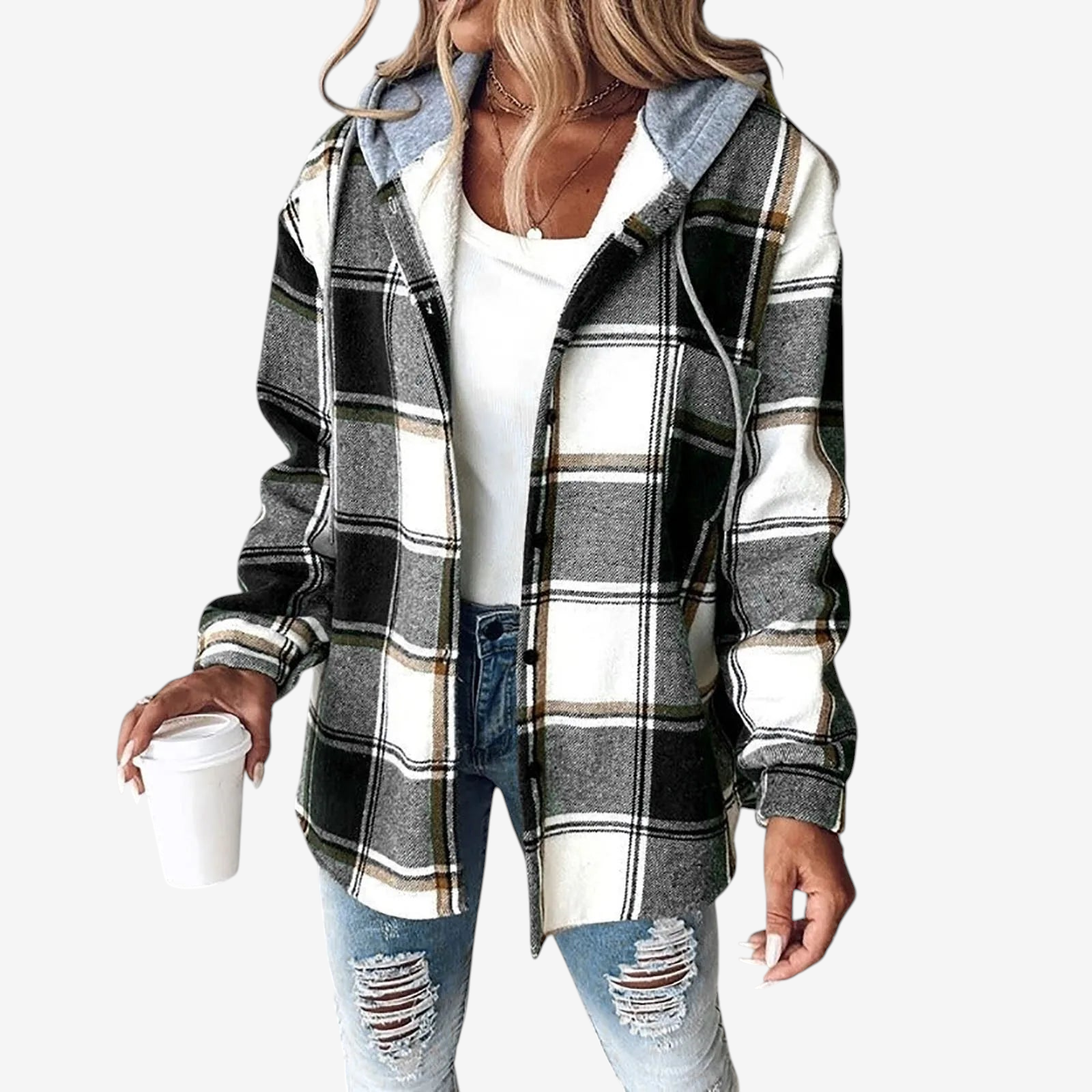 Women's Plaid Hooded Button-Up Jacket