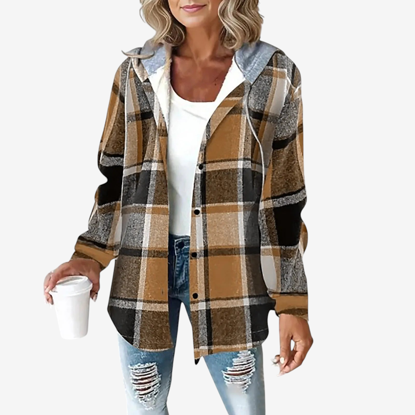 Women's Plaid Hooded Button-Up Jacket