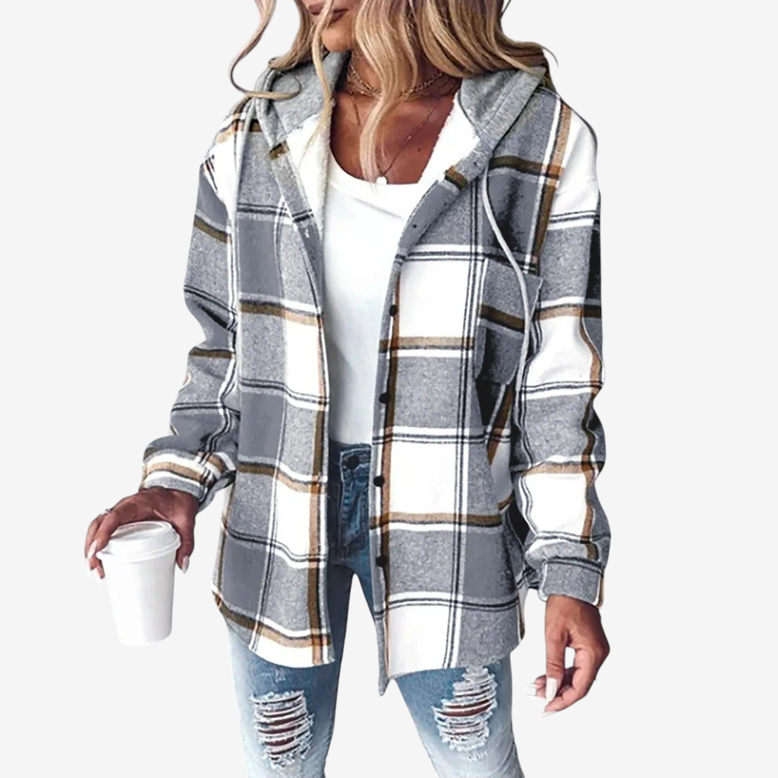 Women's Plaid Hooded Button-Up Jacket
