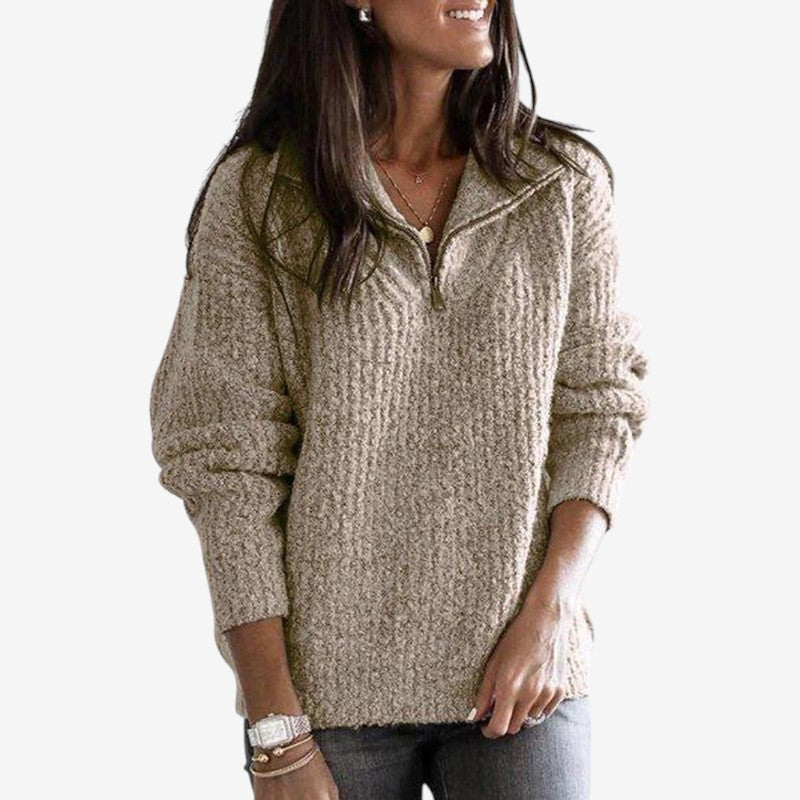 Women’s Ribbed Zip Front Sweater Loose Fit Long Sleeve