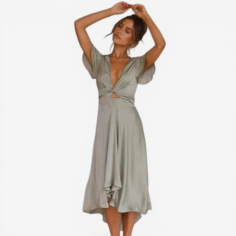 Women’s V-Neck Maxi Dress with Belt and Ruffle Detail