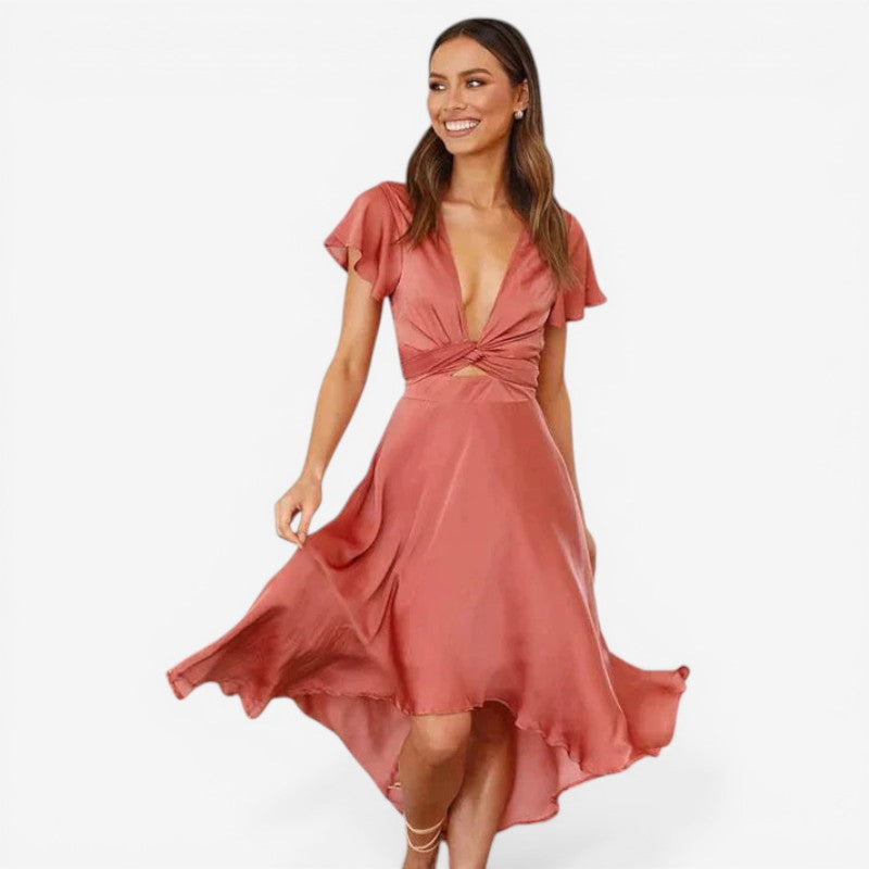 Women’s V-Neck Maxi Dress with Belt and Ruffle Detail