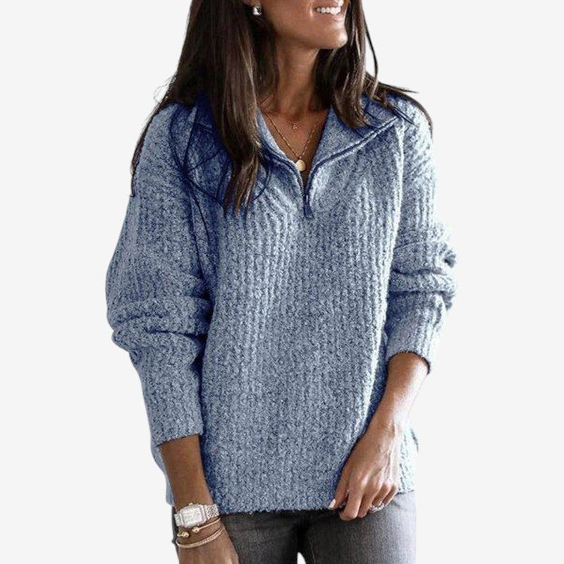Women’s Ribbed Zip Front Sweater Loose Fit Long Sleeve
