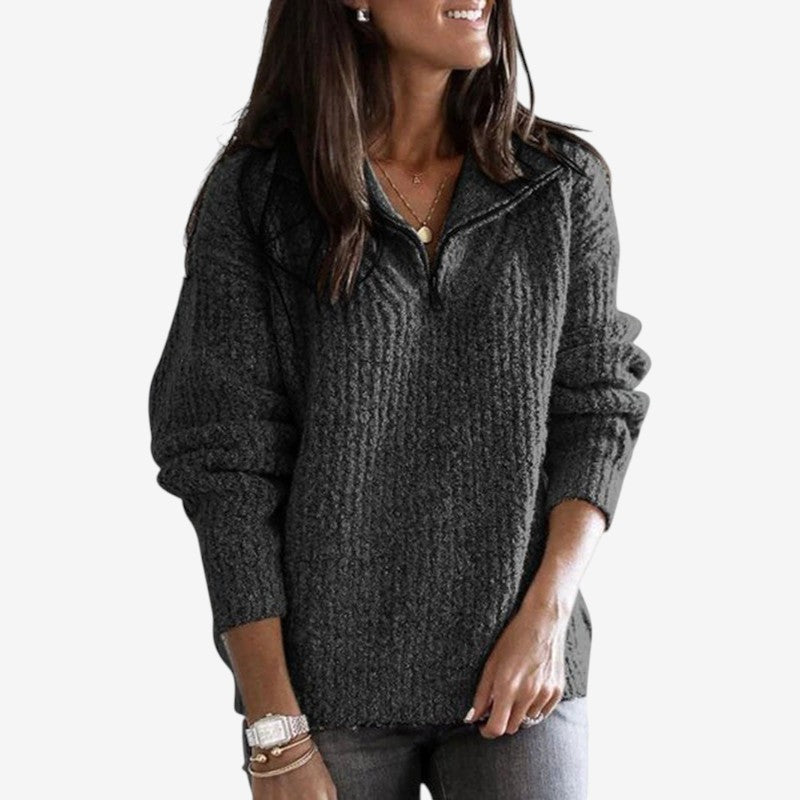 Women’s Ribbed Zip Front Sweater Loose Fit Long Sleeve