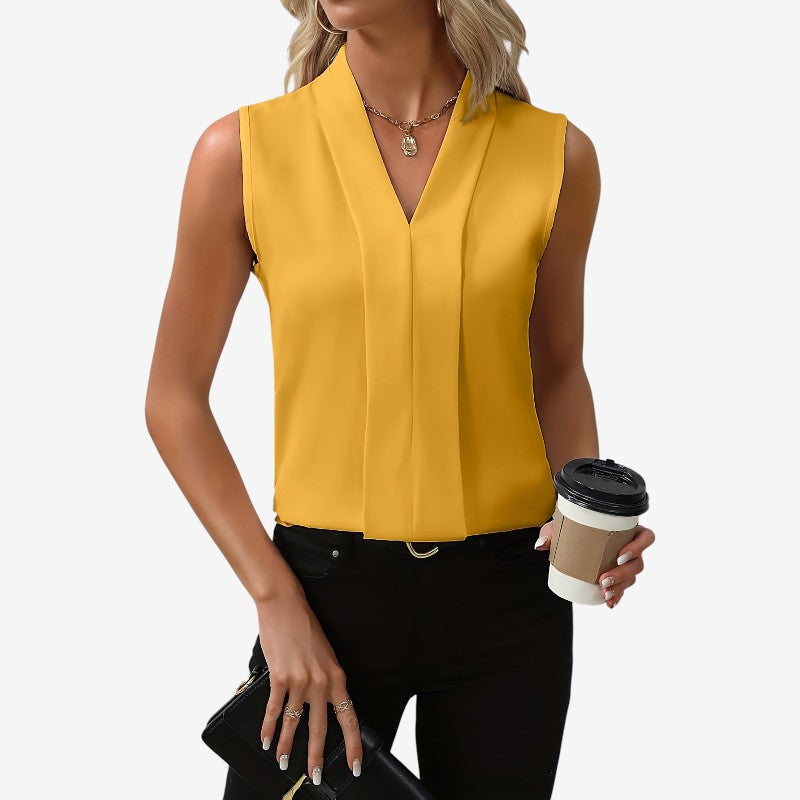 Women’s Sleeveless V-Neck Blouse with Pleated Front