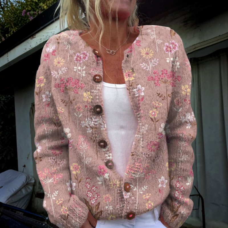 Floral O Neck Knit Pullover for Women