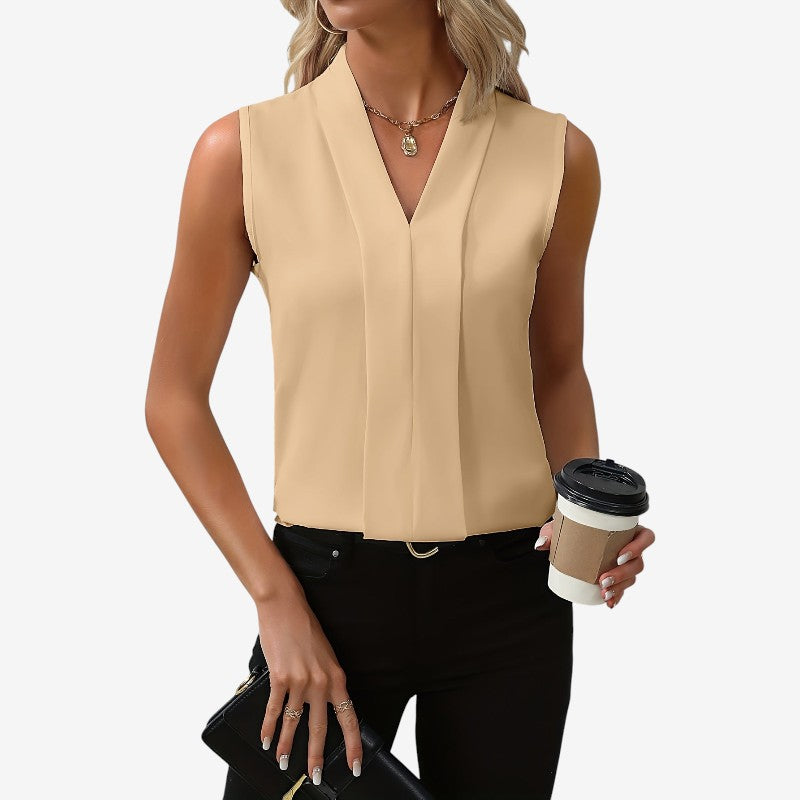 Women’s Sleeveless V-Neck Blouse with Pleated Front