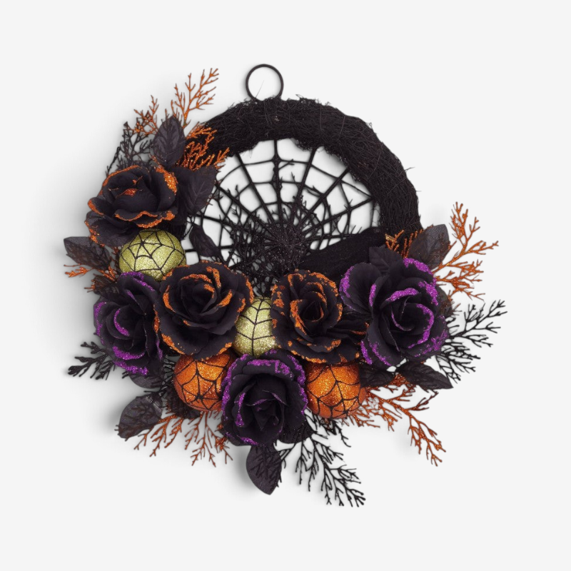 Gothic Spiderweb Halloween Wreath with Black Roses
