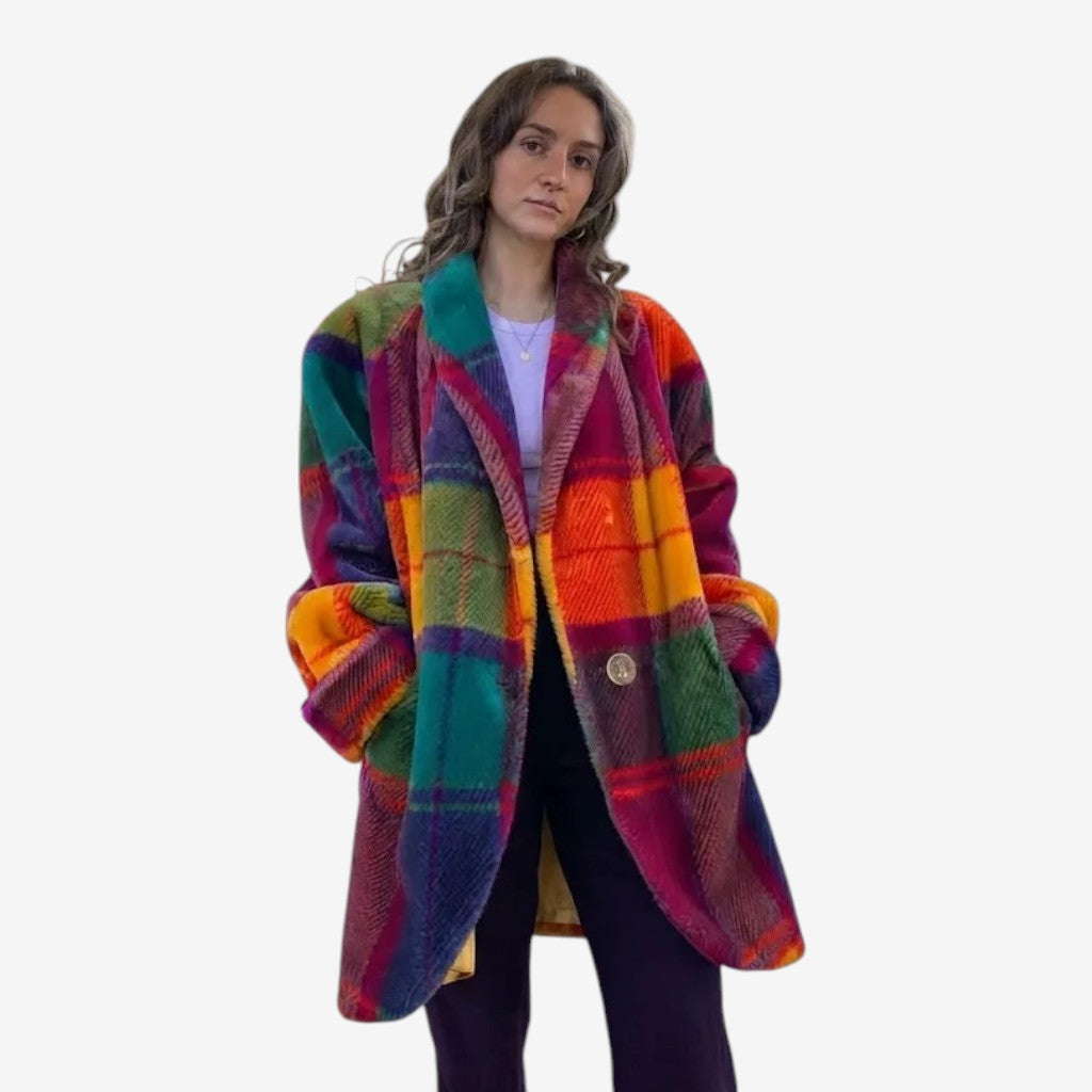 Checker - Women's Long Plaid Coat with Notched Collar and Button Closure