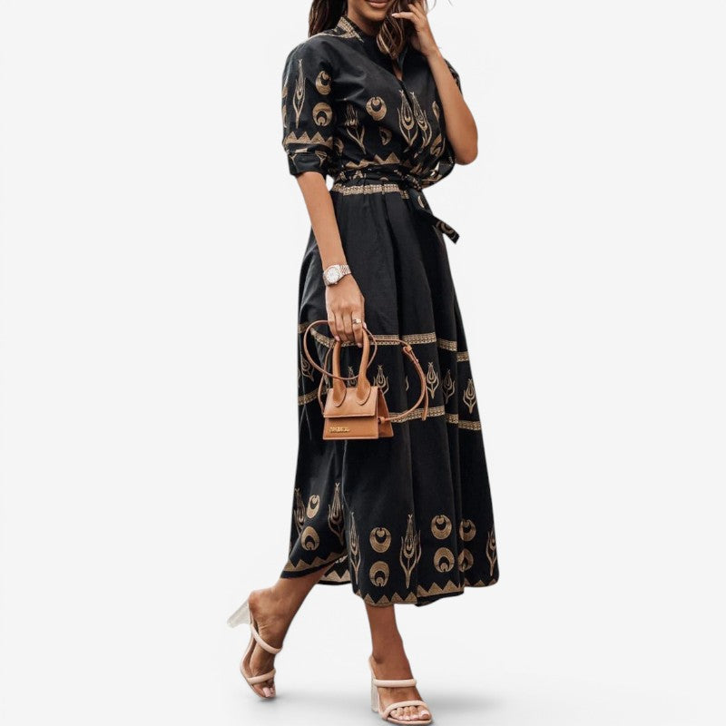 Women’s Midi Dress Long Sleeves Belted Waist