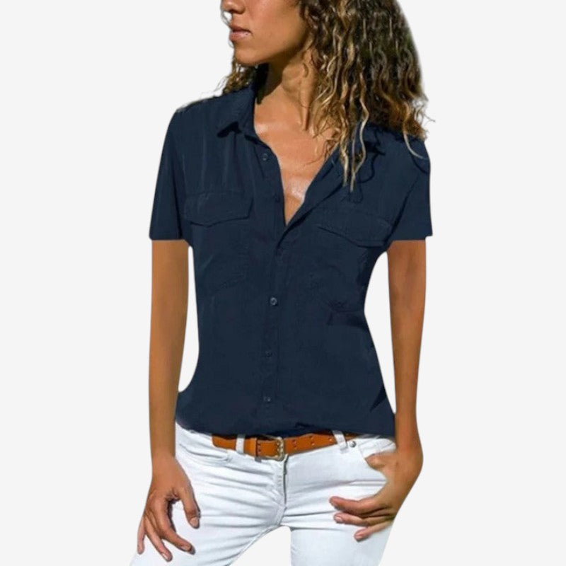 Women's Short Sleeve Button Down Shirt with Chest Pockets