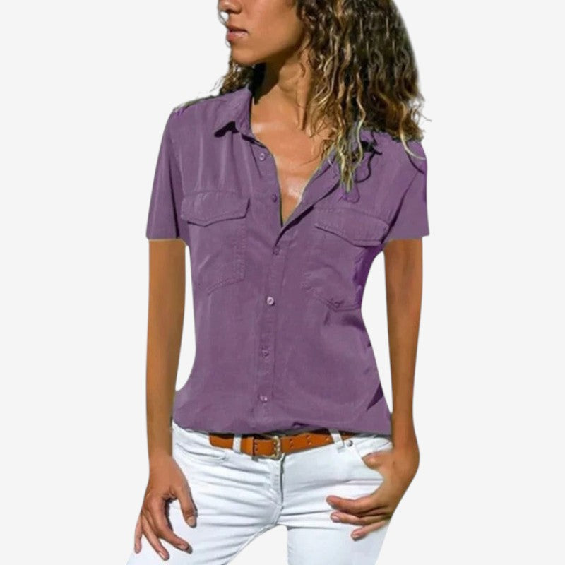 Women's Short Sleeve Button Down Shirt with Chest Pockets