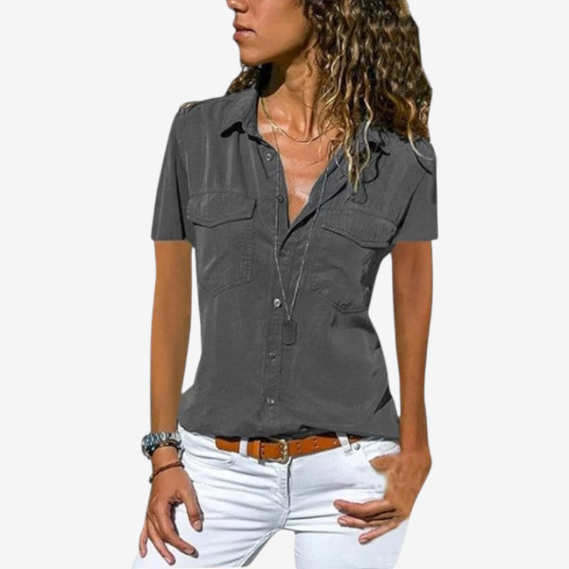 Women's Short Sleeve Button Down Shirt with Chest Pockets